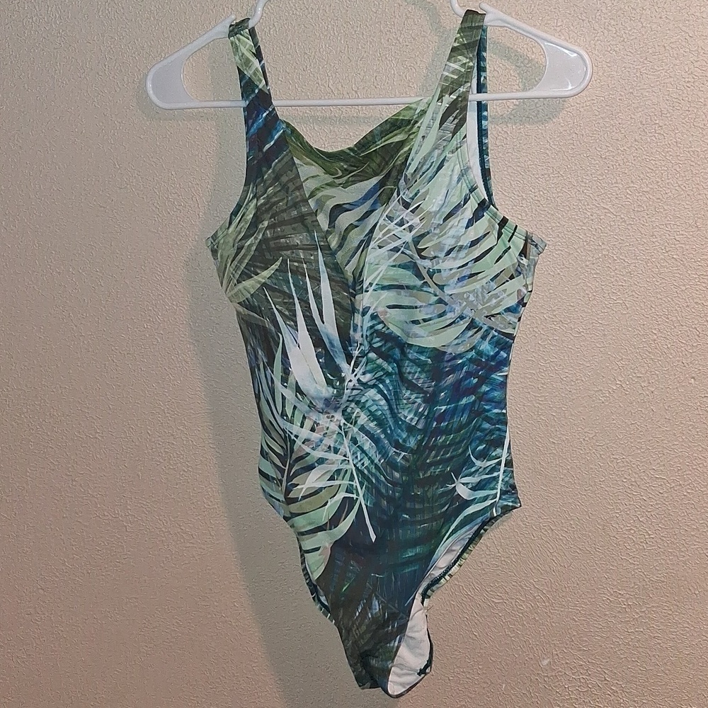 Tahari Plunge Mesh One Piece Swimsuit Camo Palm Padded Bra L - Picture 3 of 8